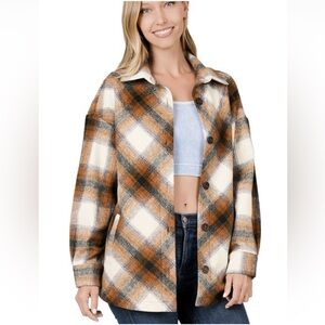 Women’s Fall Plaid Shacket Jacket brown cream Check Flannel Button Casual Shirt